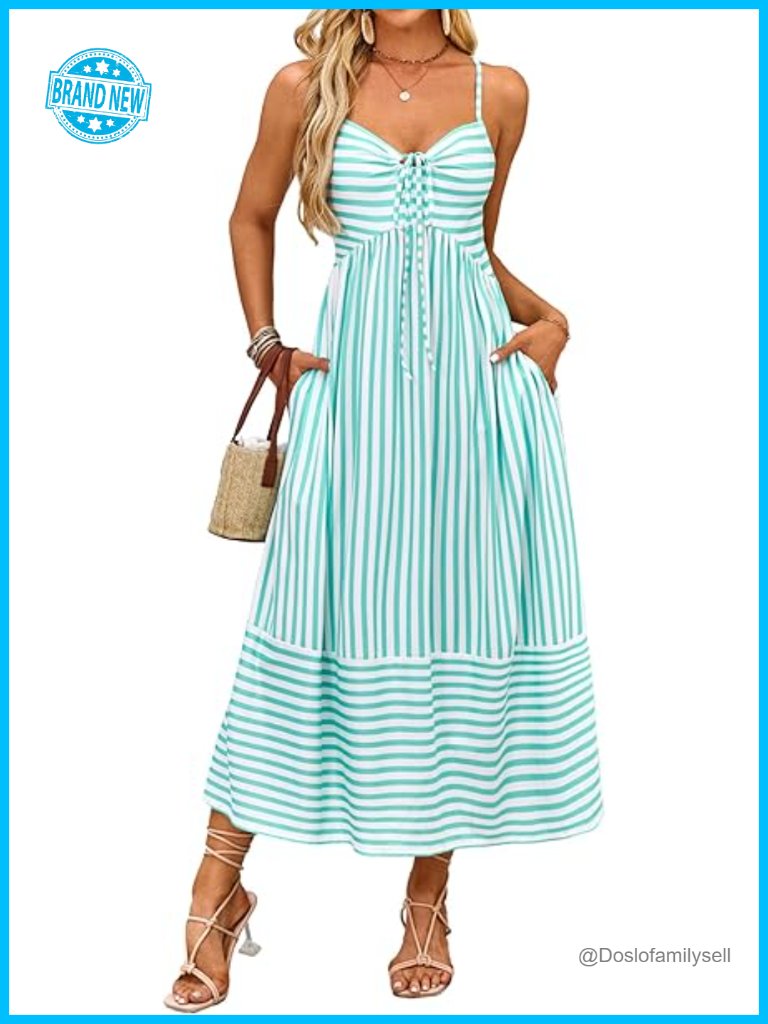 Women's Trendy Striped Maxi Sundress Spaghetti Strap Back Tie With Pockets